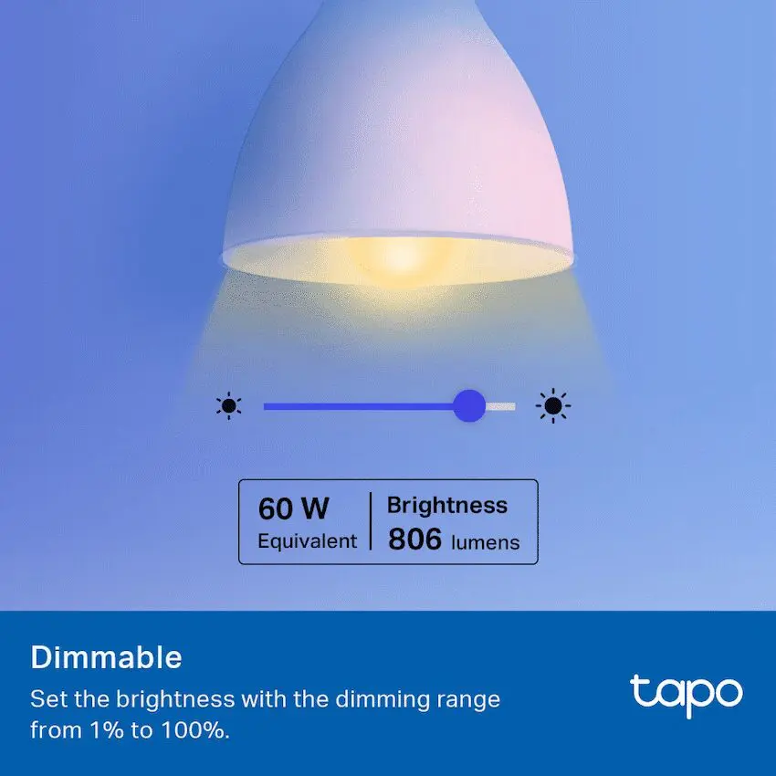 TP-Link Tapo L530E 2 Pack 8.7w Smart Wi-Fi Warm White Light Bulb, Dimmable, A60, E27 - Image 2