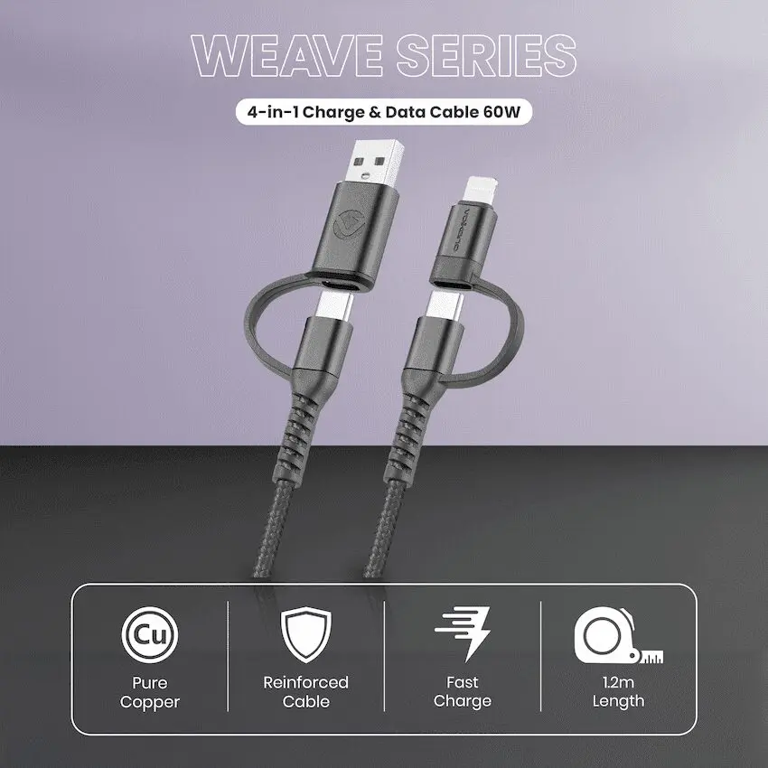 Volkano Weave Series 4-in-1 Charge & Data Cable 60w - 1.2m/4ft - Image 3