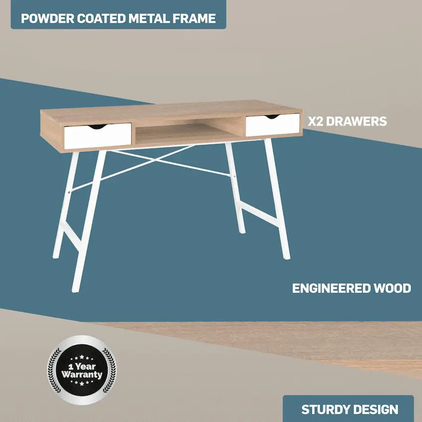 Everfurn Rain Work Desk - Study Desk with Two Drawers, Steel Frame, Adjustable Feet - Image 2