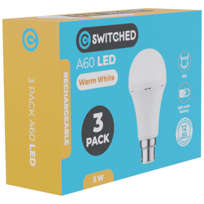 Switched 5w A60 Rechargeable B22 LED Light Bulb - WW - 3 Pack - Image 3