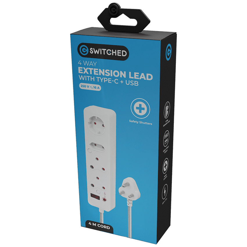 Switched 4-Way Extension Lead with 1x Type-C + 1x USB - 4m - Image 4
