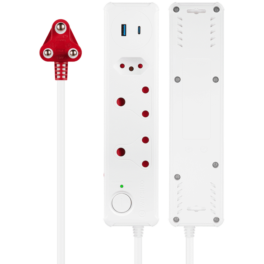 Switched 3-Way Medium Surge-Protected Multiplug with 1x Type-C + 3.4a USB Ports - 0.5m - White - Image 4