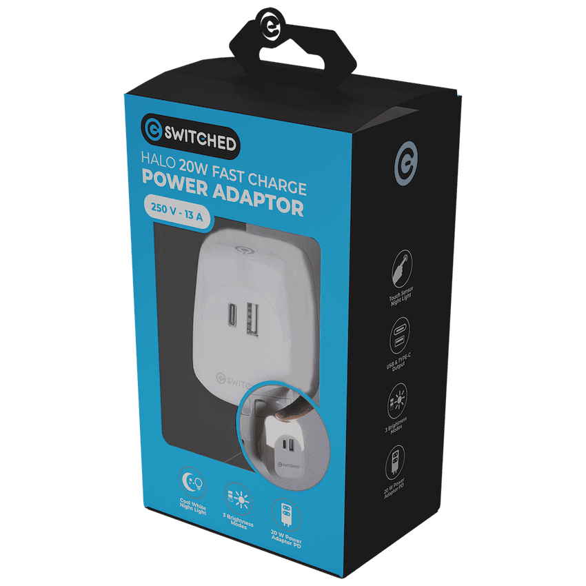 Switched Halo Fast Charge Power Adaptor, USB and Type-C Ports, Output 20w - Soft Touch Night Light - Image 4