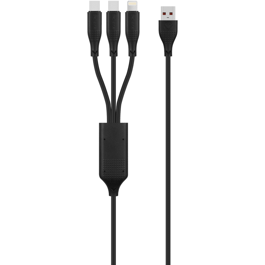 Volkano Nova Series USB-A to 2 USB-C and Lightning Cable 100W 1.2m TPE - Black