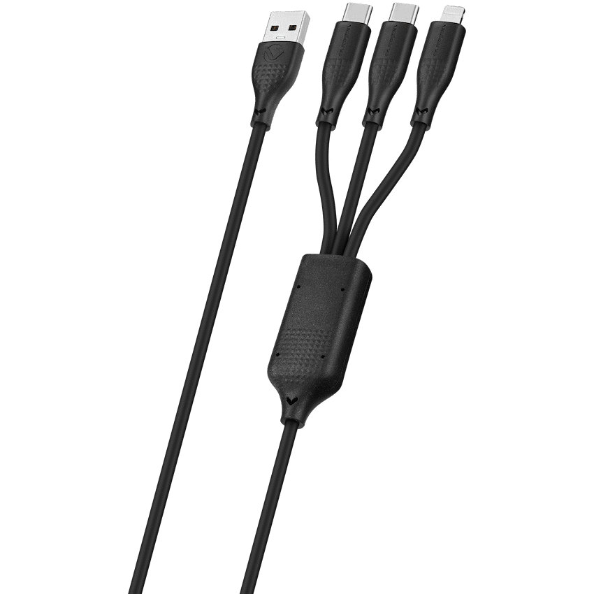 Volkano Nova Series USB-A to 2 USB-C and Lightning Cable 100W 1.2m TPE - Black - Image 2