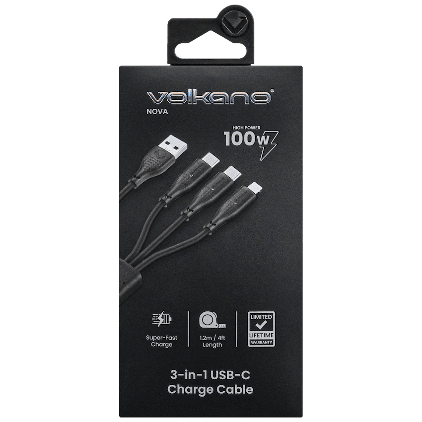 Volkano Nova Series USB-A to 2 USB-C and Lightning Cable 100W 1.2m TPE - Black - Image 3