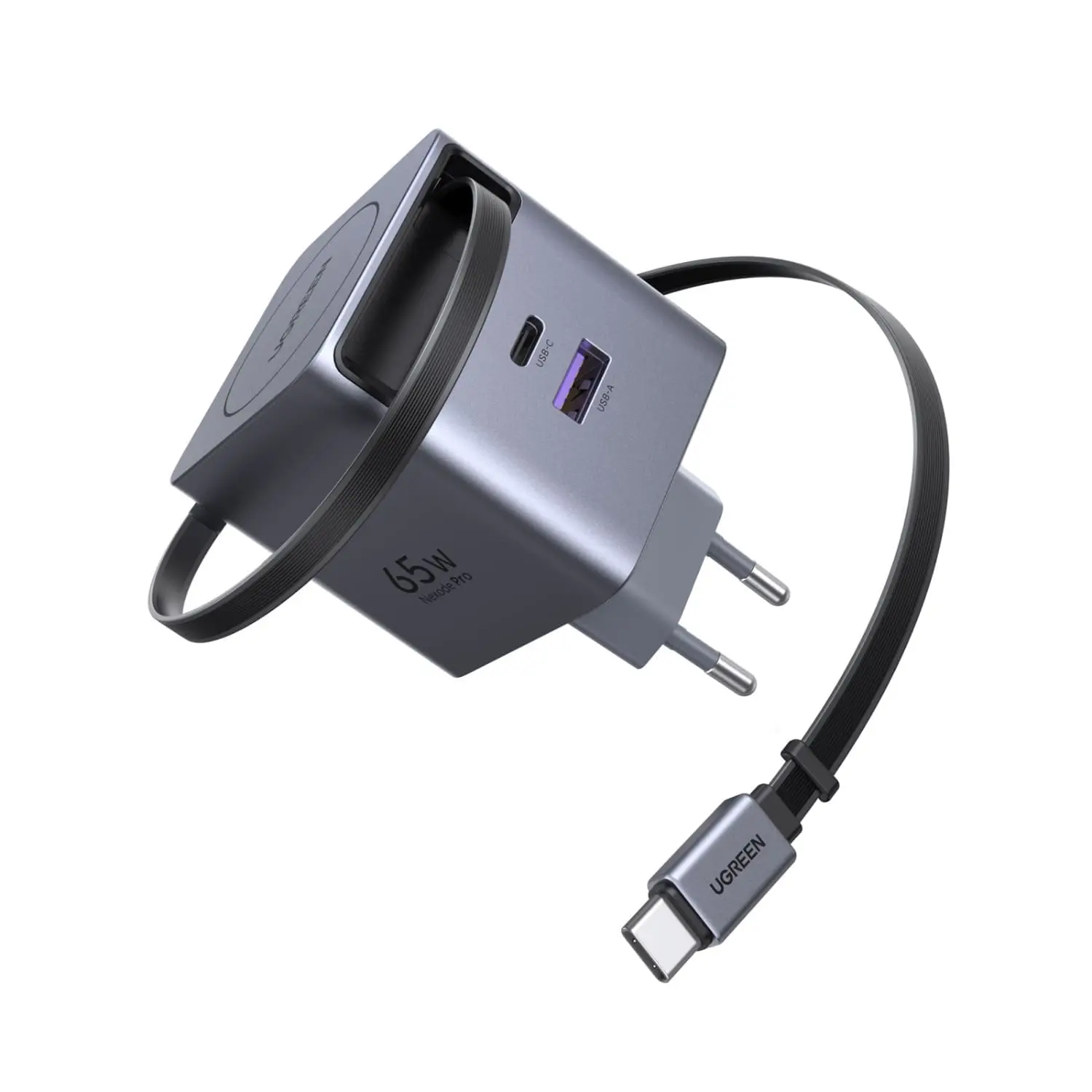 UGREEN 2 Port Wall Charger With Retractable Cable 65W - Grey