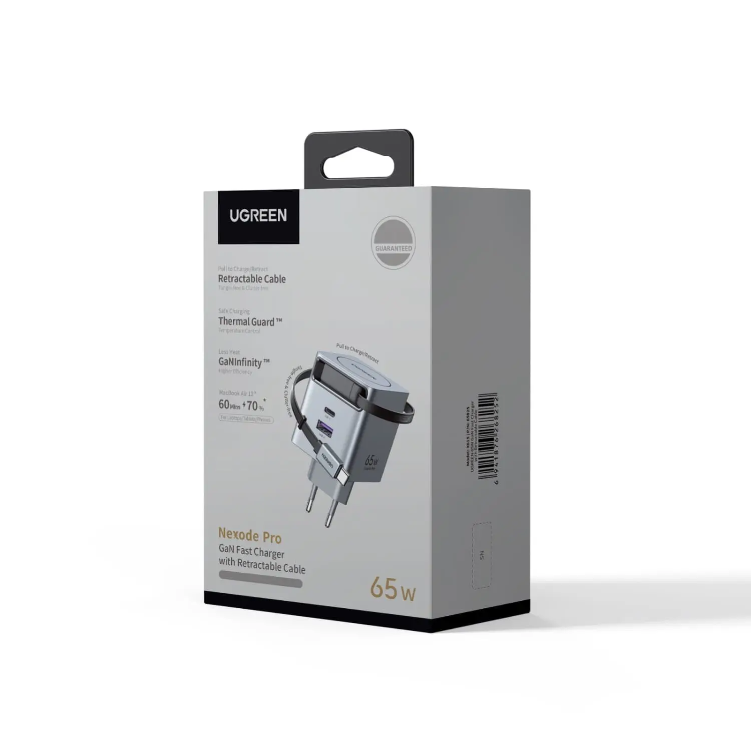 UGREEN 2 Port Wall Charger With Retractable Cable 65W - Grey - Image 2