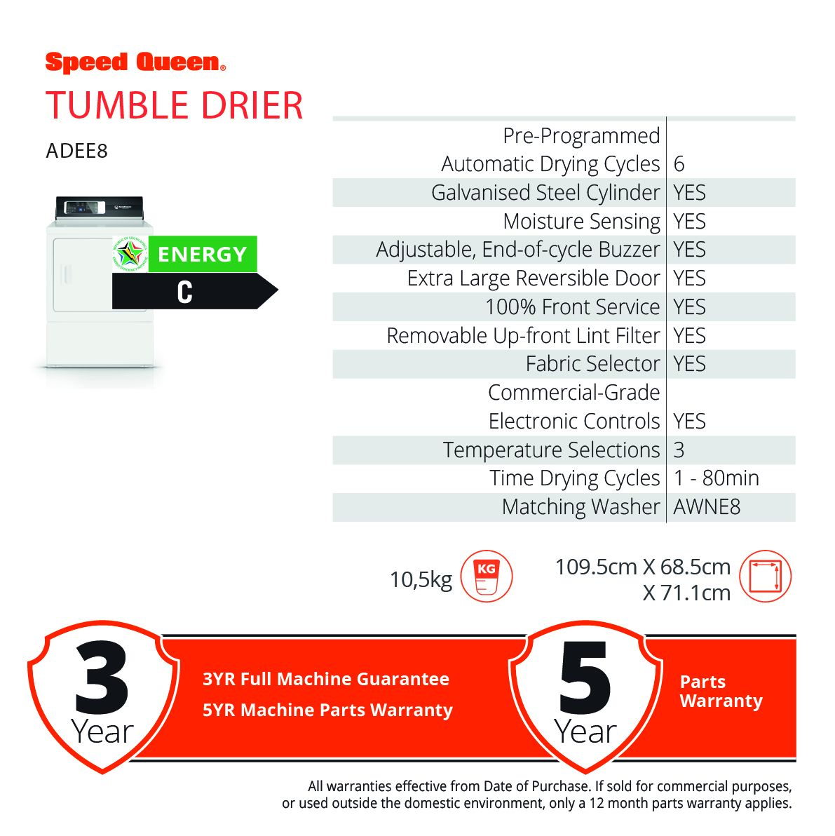 Speed Queen ADEE8RGS 10.5kg Electronic Front Load Tumble Dryer, Galvanised Drum specifications sheet
