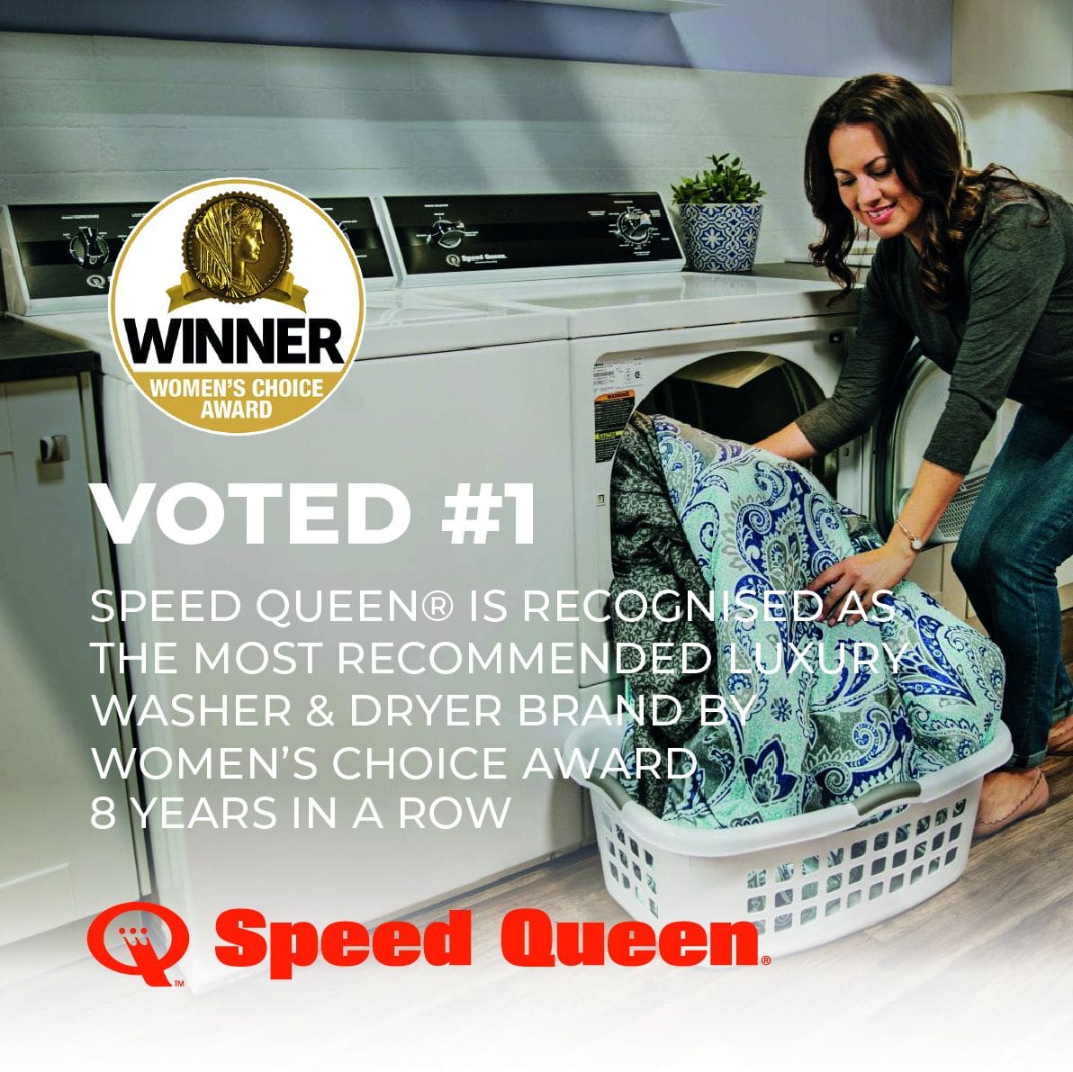 Speed Queen ADEE8RGS 10.5kg Electronic Front Load Tumble Dryer, Galvanised Drum - Speed Queen 'Voted #1' most recommended laundry brand award banner
