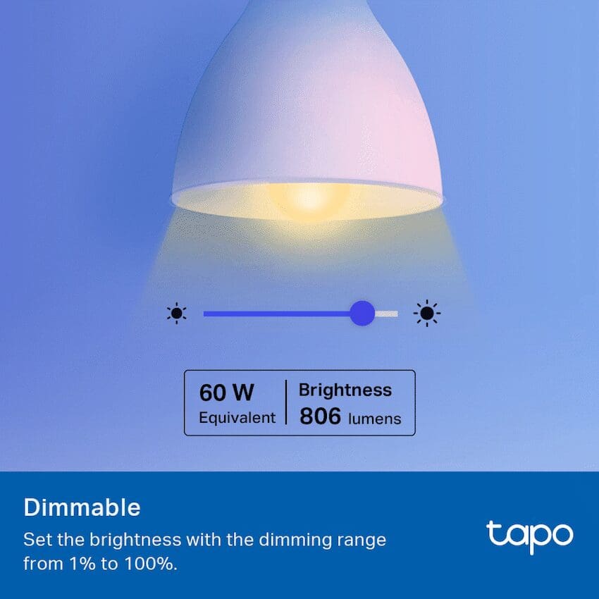Tapo TP-Link Tapo L530E 2 Pack 8.7w Smart Wi-Fi Warm White Light Bulb, Dimmable, A60, E27 - Image 2