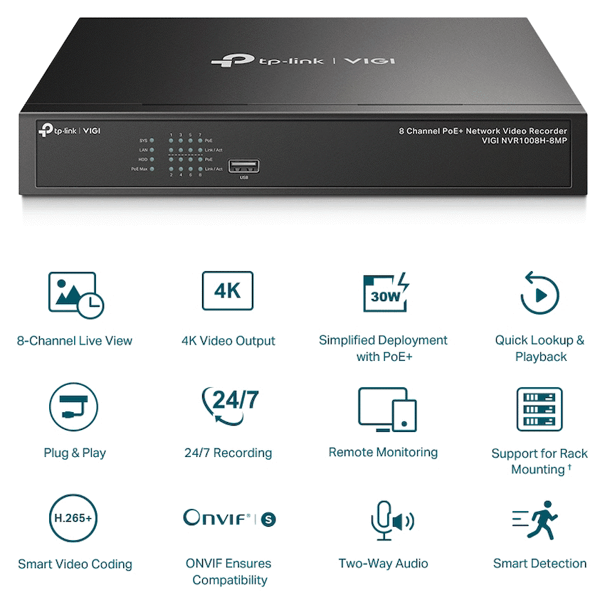 TP-Link Vigi NVR1008H-8MP 8 Channel PoE Network Video Recorder - Image 3