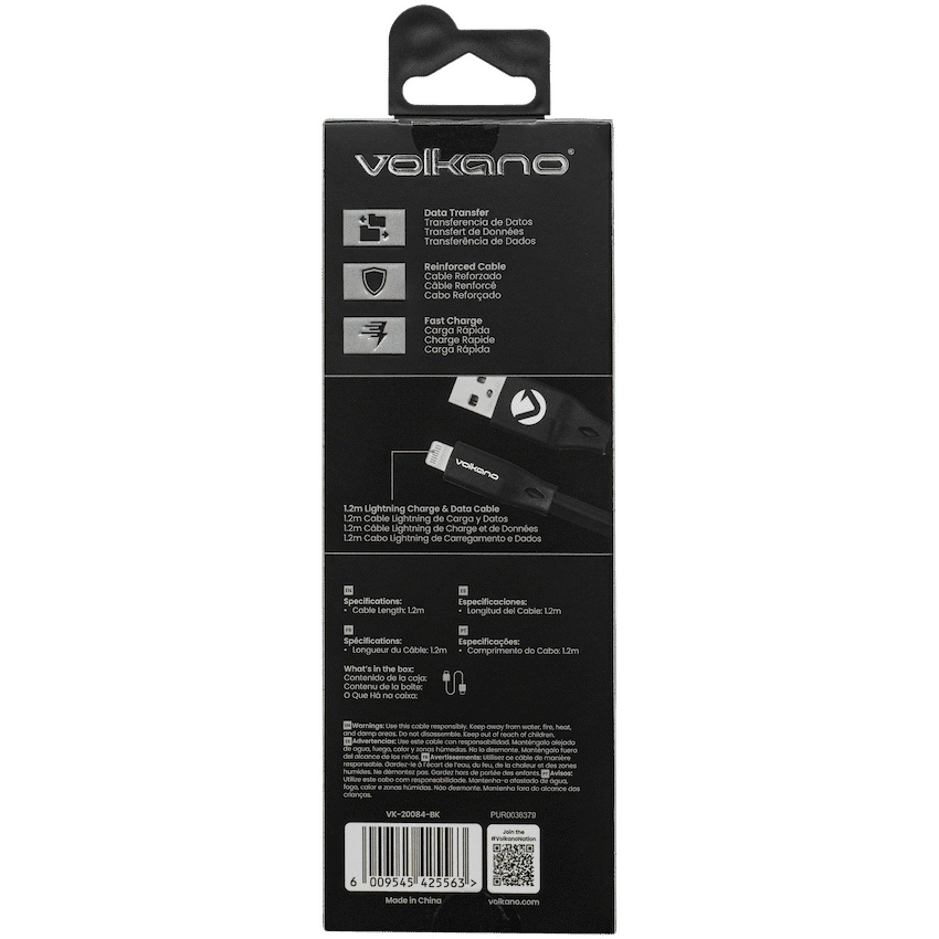 Volkano Slim Series Flat PVC Lightning Cable 1.2m - Black - Image 2