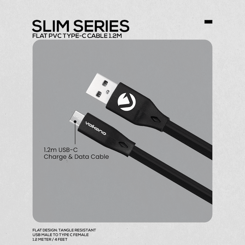 Volkano Slim Series Flat PVC Type-C Cable 1.2m - Black - Image 2
