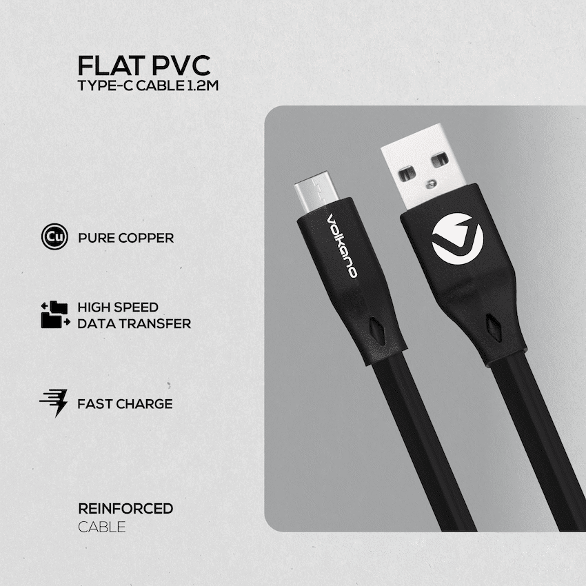 Volkano Slim Series Flat PVC Type-C Cable 1.2m - Black - Image 4