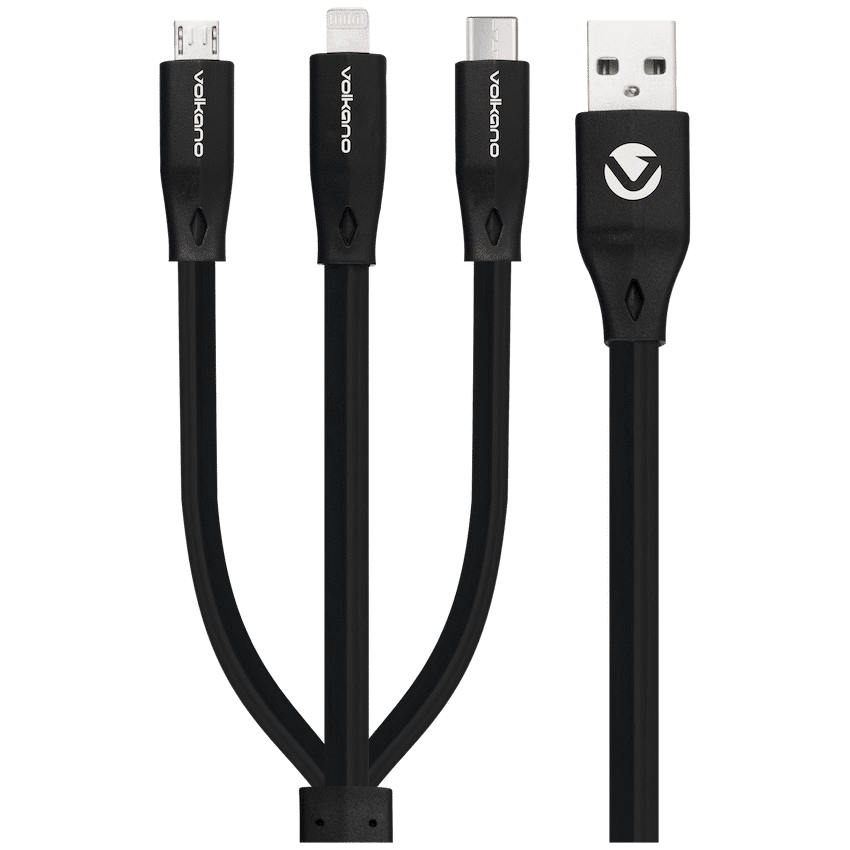 Volkano Slim Series Flat PVC 3-in-1 (Type-C / Lightning / Micro) Cable 1m - Black - Image 2