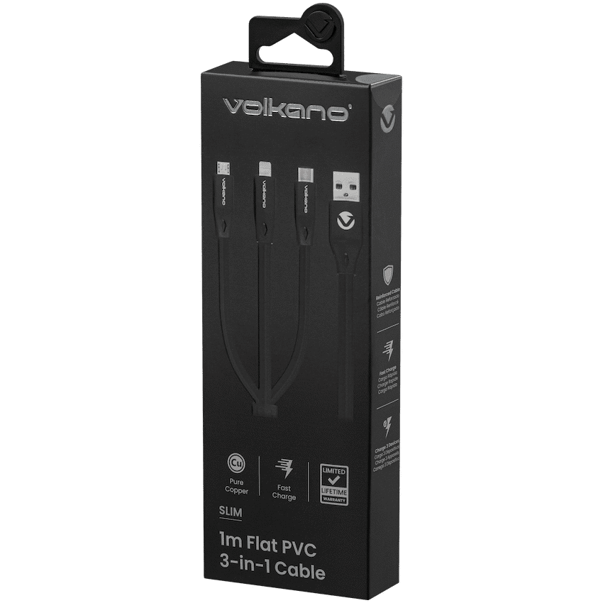 Volkano Slim Series Flat PVC 3-in-1 (Type-C / Lightning / Micro) Cable 1m - Black - Image 3