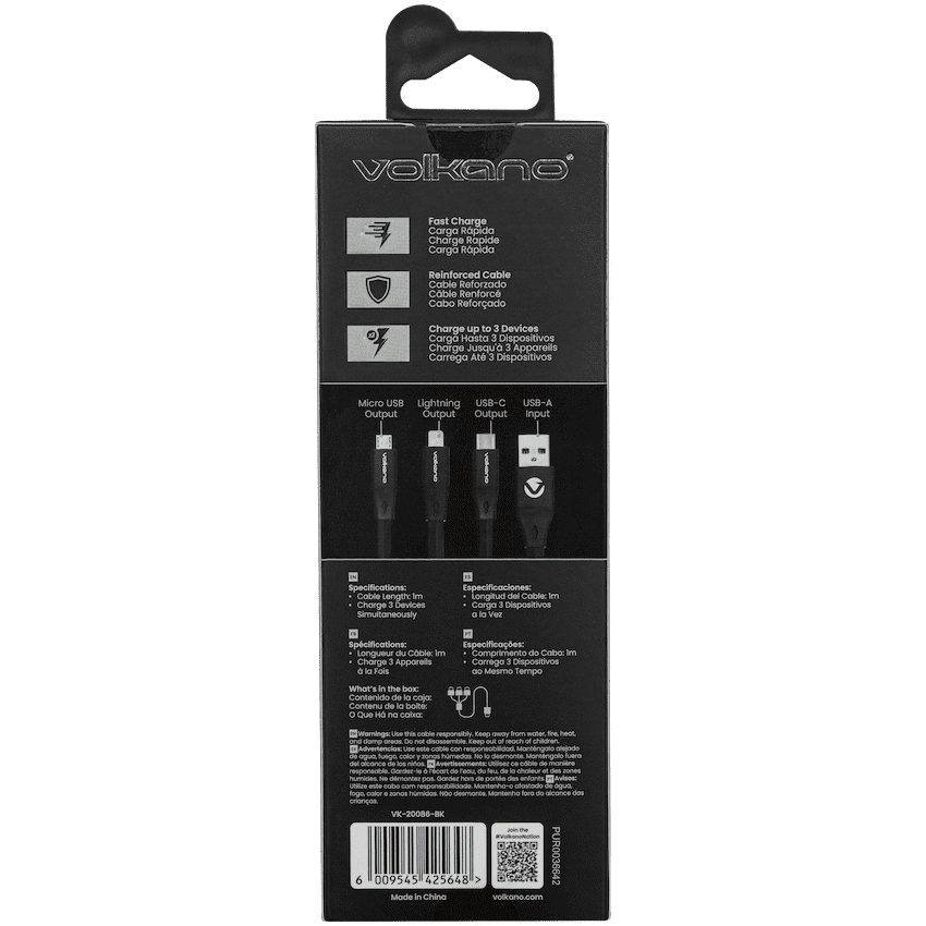 Volkano Slim Series Flat PVC 3-in-1 (Type-C / Lightning / Micro) Cable 1m - Black - Image 4