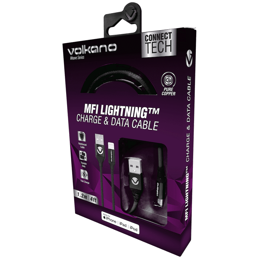 Volkano Weave Series Fabric Braided MFI Lightning Cable 1.2m - Black - Image 2