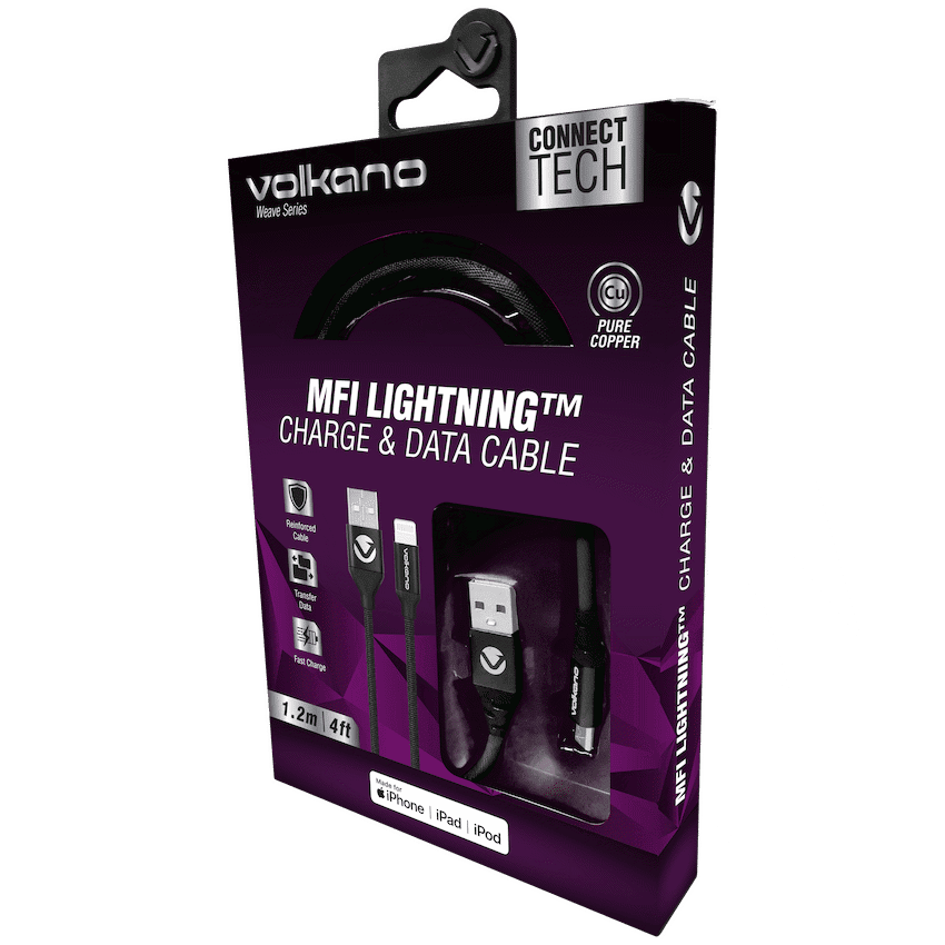 Volkano Weave Series Fabric Braided MFI Lightning Cable 27W 1.2m - Black - Image 3