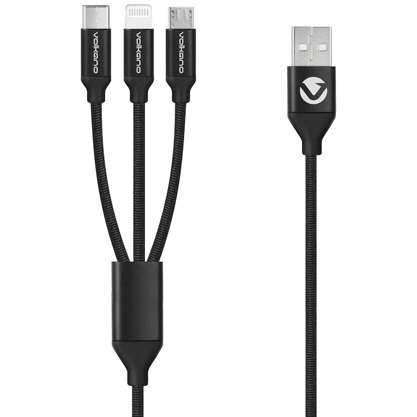 Volkano Weave Series Fabric Braided 3-in-1 (Type-C/Lightning/Micro) Cable 1m - Black
