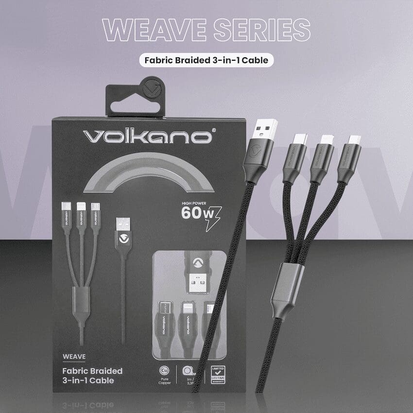 Volkano Weave Series Fabric Braided 3-in-1 (Type-C/Lightning/Micro) Cable 1m - Black - Image 2