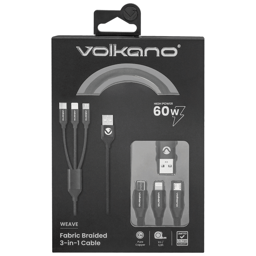 Volkano Weave Series Fabric Braided 3-in-1 (Type-C/Lightning/Micro) Cable 1m - Black - Image 2