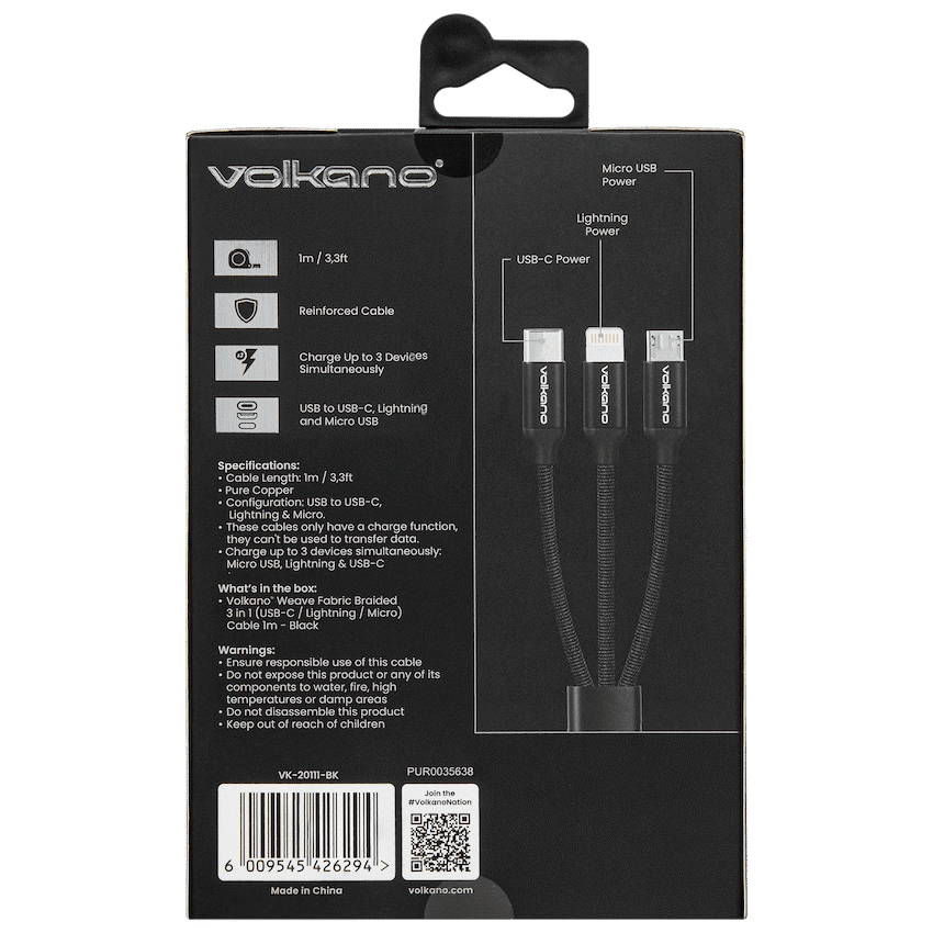 Volkano Weave Series Fabric Braided 3-in-1 (Type-C/Lightning/Micro) Cable 1m - Black - Image 3