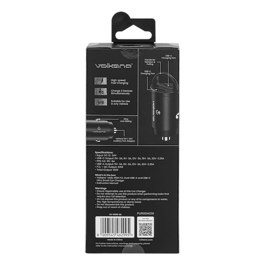 Volkano Veilix Series 45w PD Dual USB-A and USB-C Ultra Small Car Charger - Black - Image 4