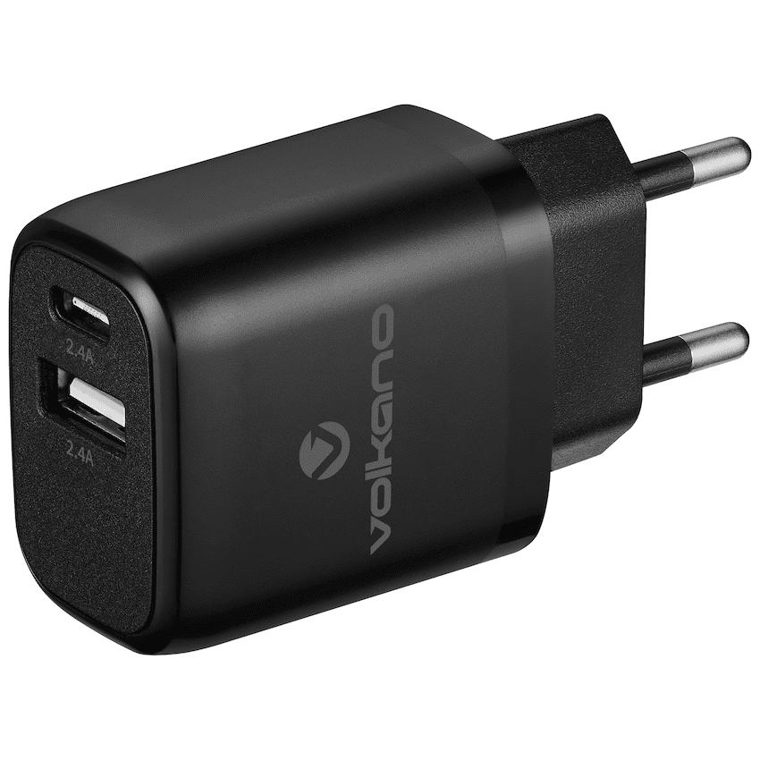 Volkano Cupla Series 5v/2.4a 12w Dual USB-A & USB-C Wall Charger - Black