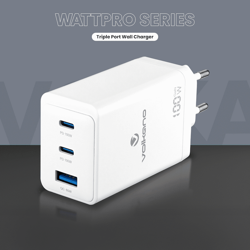 Volkano WattPro Series Triple Port 100W GanN Wall Charger - White - Image 2