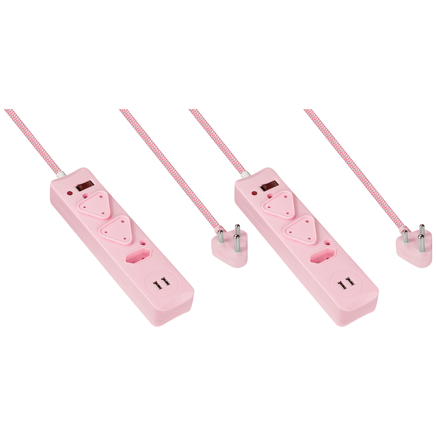 2x 3 Way Surge Multiplug with Dual USBs Pink-3M