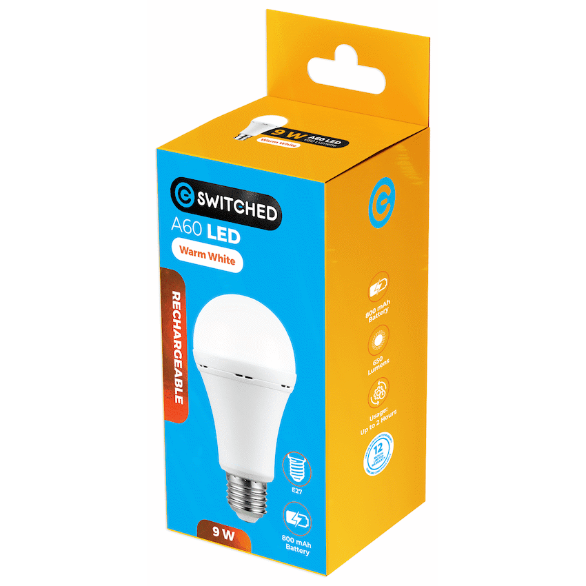 Switched 9w A60 Rechargeable LED Light Bulb - E27 - Warm White - Image 4