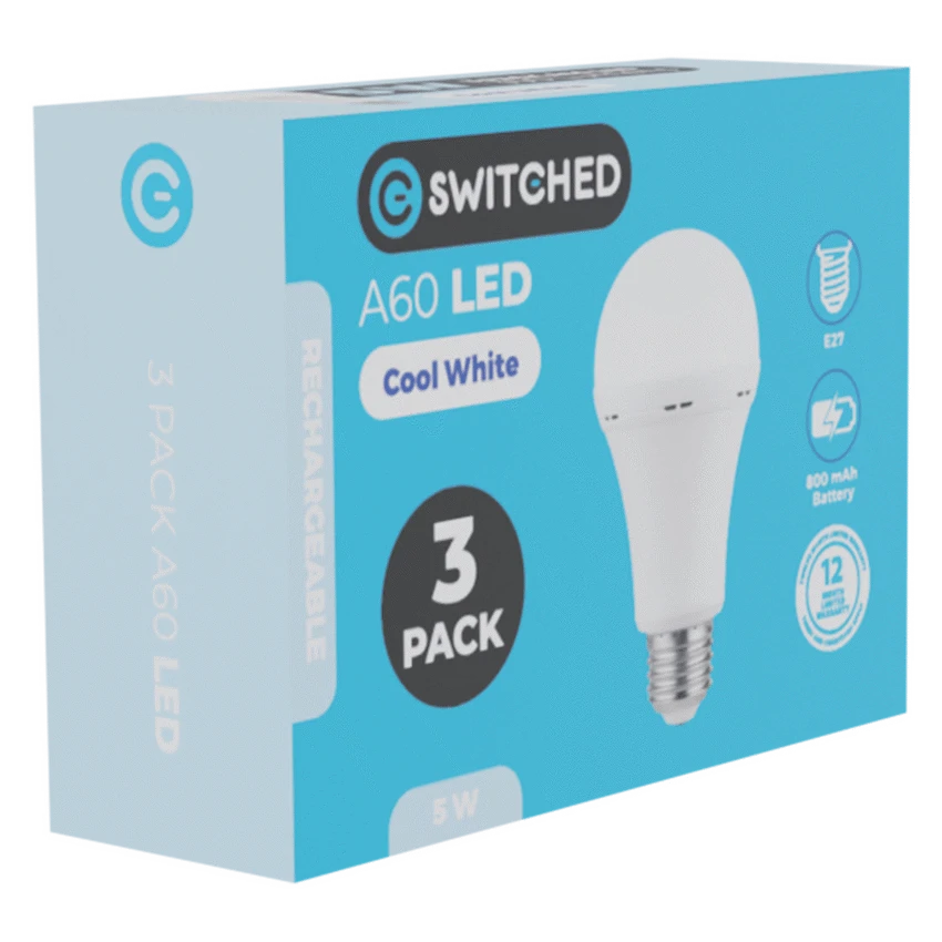 SWITCHED 5W A60 Rechargeable E27 LED Light Bulb CW - 3 Pack - Image 2