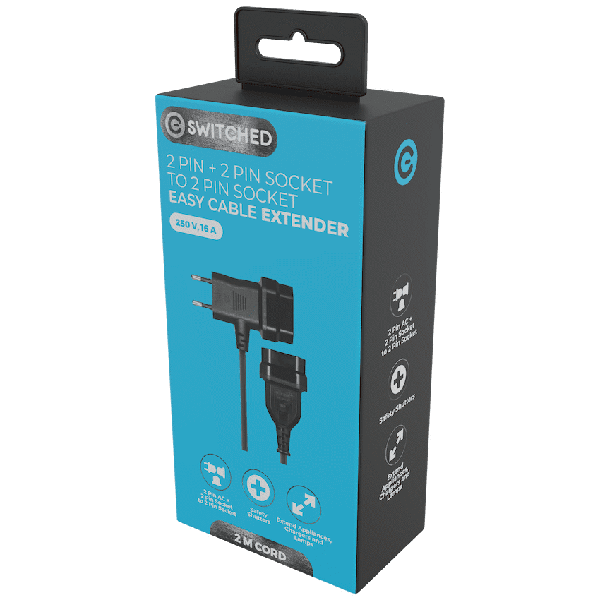 Switched Easy Cable Extender 2-Pin Euro to T-Shape AC 2-Pin Euro Socket 2m - Black - Image 2