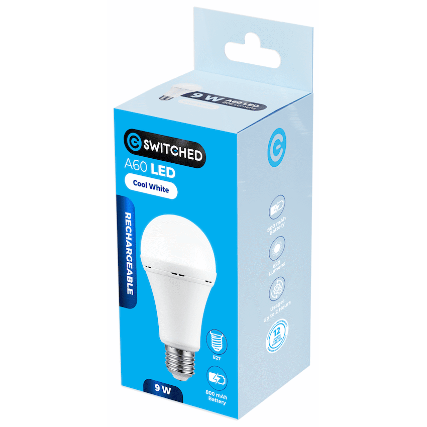 Switched 9w A60 Rechargeable LED Light Bulb E27 - Cool White - Image 4