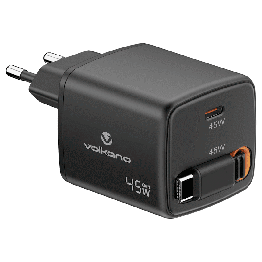 Volkano Sleek Series Fast Wall Charger 45W USB-C with Built-in Retractable 75cm Cable - Black