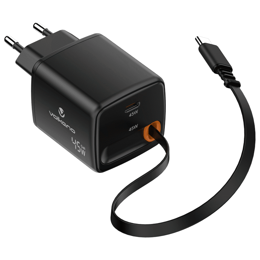 Volkano Sleek Series Fast Wall Charger 45W USB-C with Built-in Retractable 75cm Cable - Black - Image 2