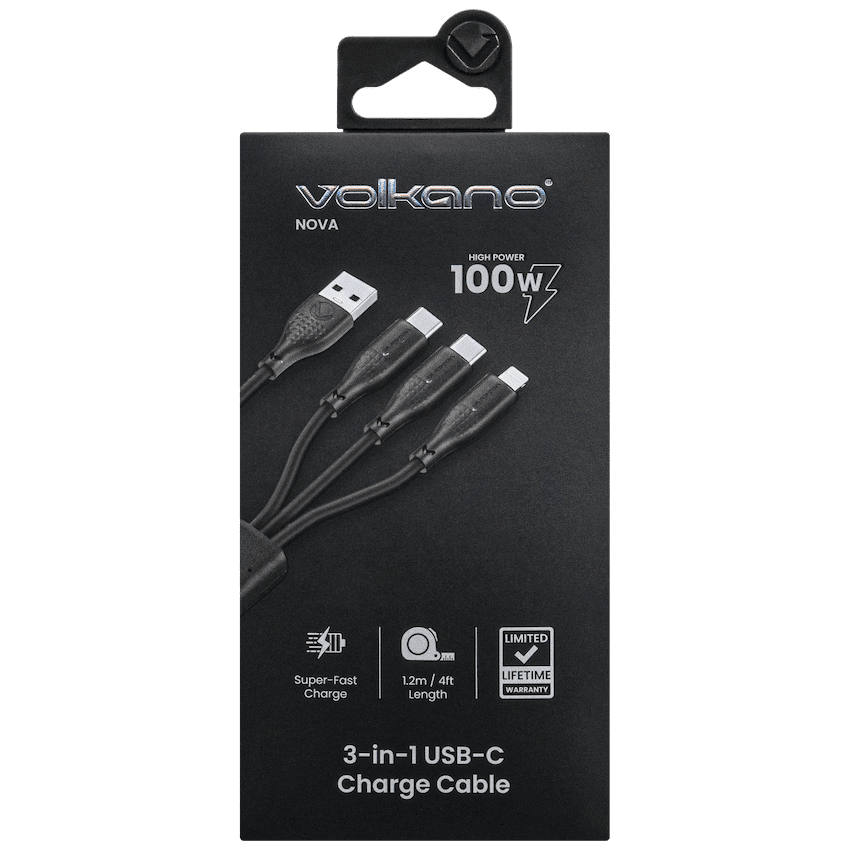Volkao Nova Series USB A to 2 USb C and lightning cable 100W 1.2m TPE-Black - Image 3