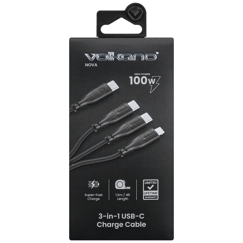Volkano Nova Series USB C to 2 USB C and lightning cable 100W TPE-Black - Image 3