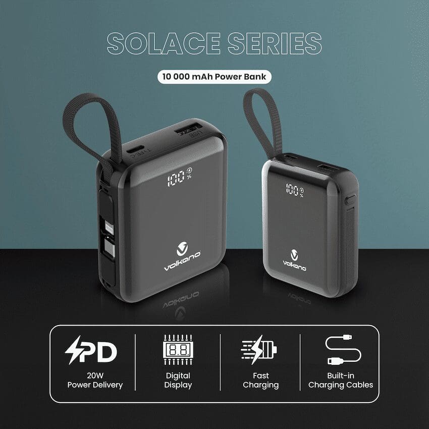 Volkano Solace Series 10 000 mAh Power Bank with Built-in USB-C & Lightning Cable - Black - Image 2