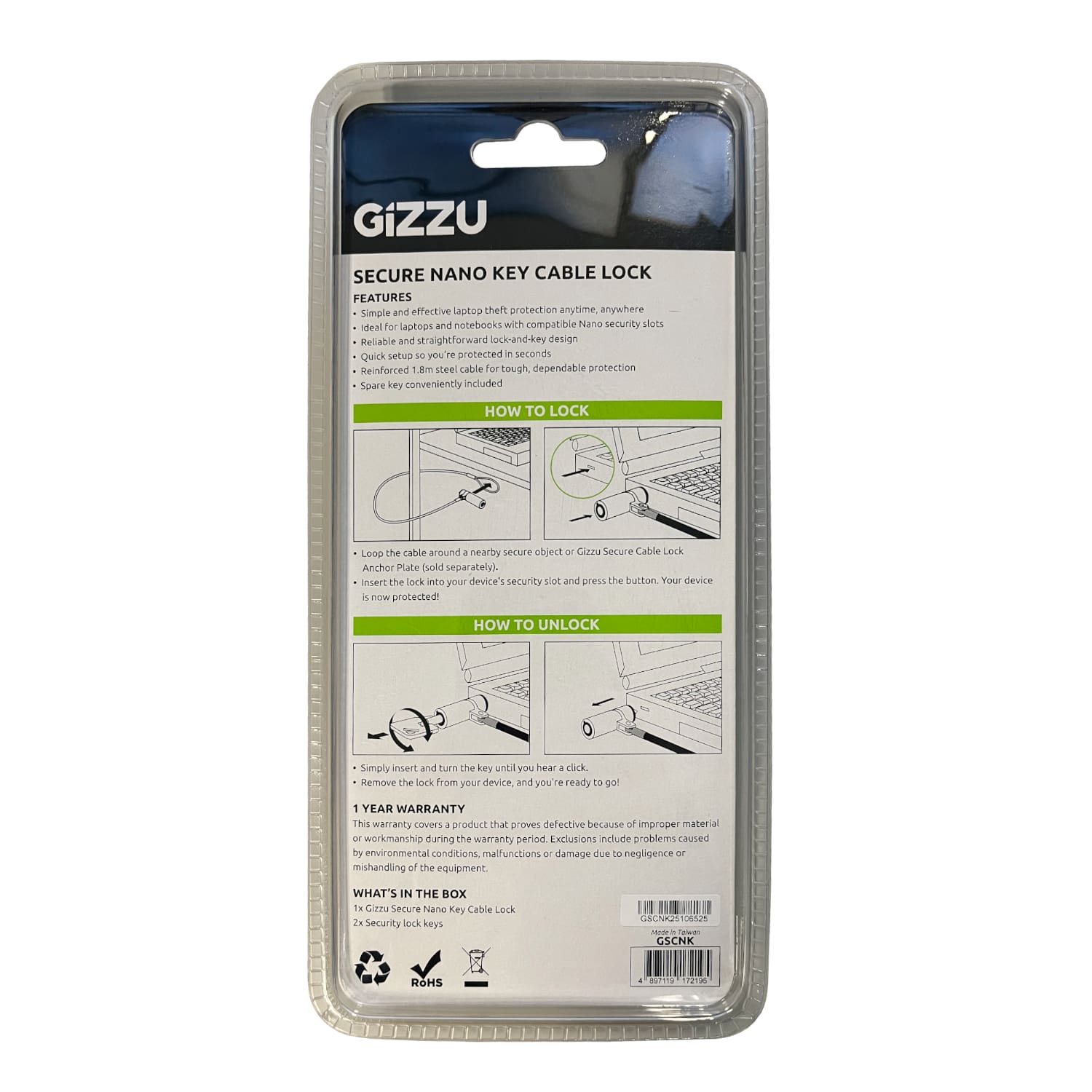 GIZZU 1.8m Nano Key Lock Security Cable with Key - Image 3