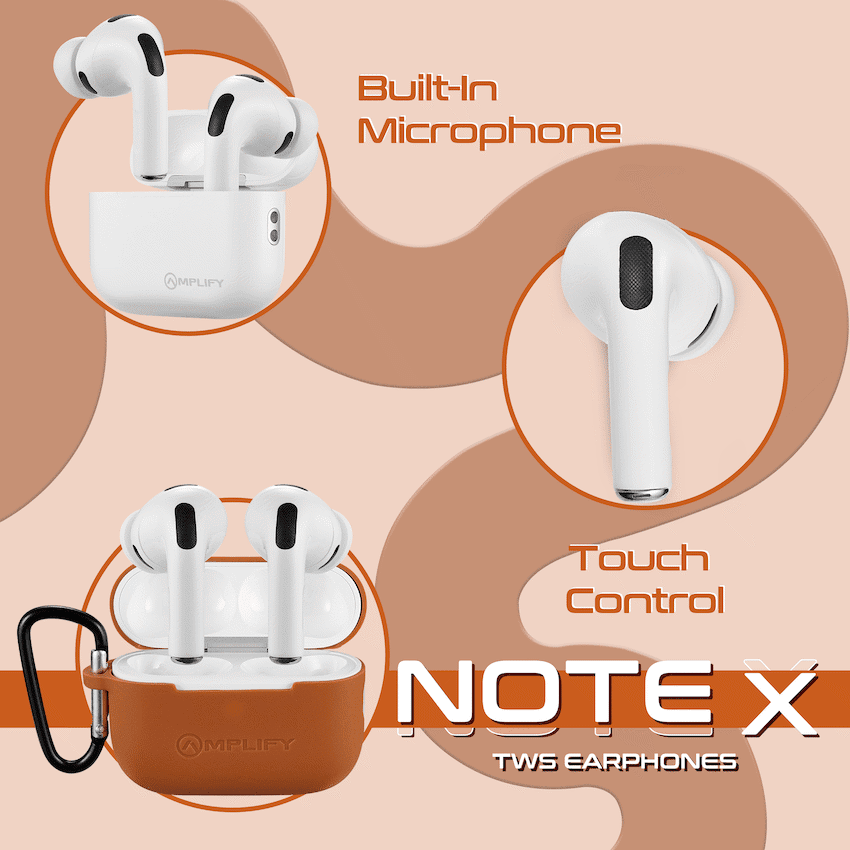 Amplify Note X 3 Series TWS Earphones - White Case + Orange Cover - Image 3
