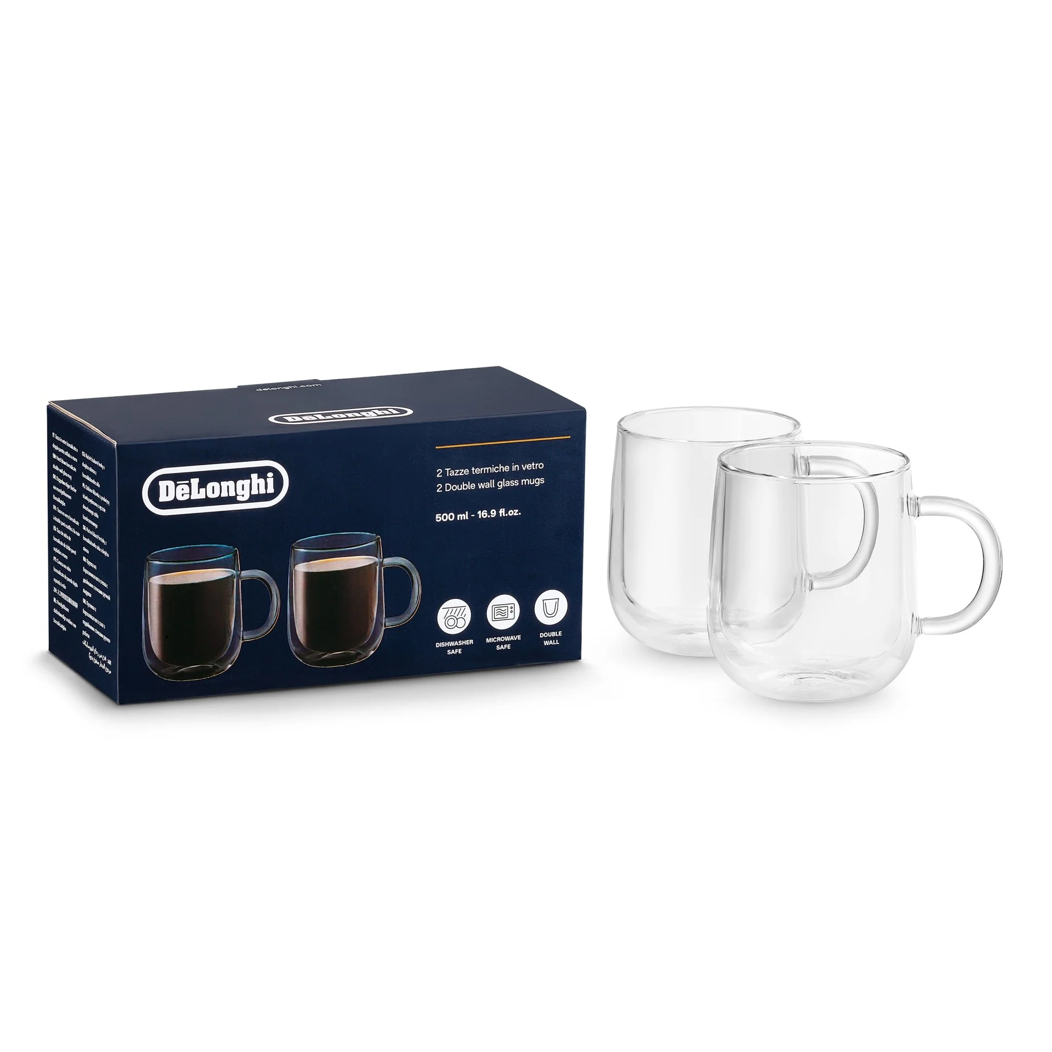 Delonghi DLSC327 Double Walled Glass Coffee Mugs 500ml - Image 2