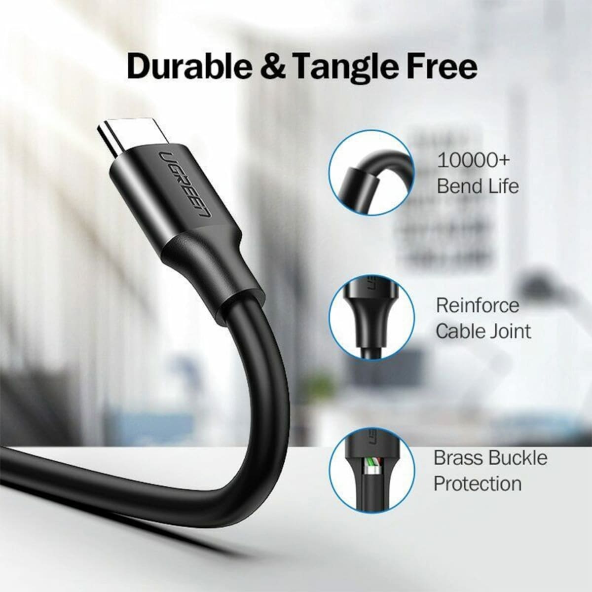 UGREEN Type-C to USB 3.0 Cable 2m – Fast Charging 3A, 5Gbps Sync – Black - Image 3