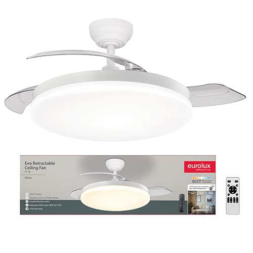 Eurolux Evo Retractable Ceiling Fan 3 Blade Light & Remote Motor Power 30W