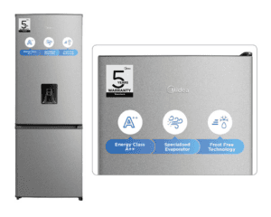 Midea HD-359RWEN-WD 262L bottom mount freezer with water dispenser, silver
