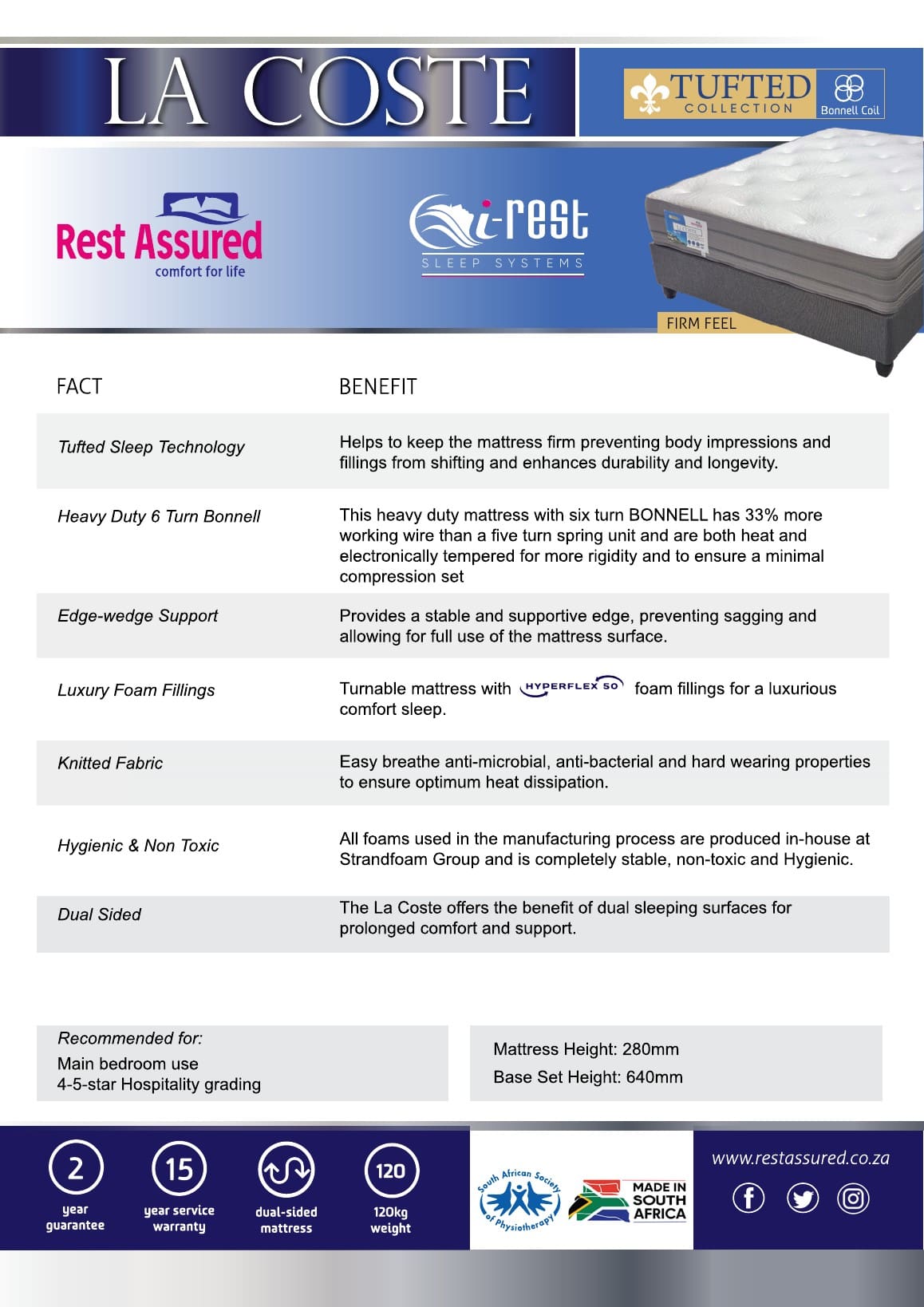 Rest Assured La Coste facts and benefits sheet