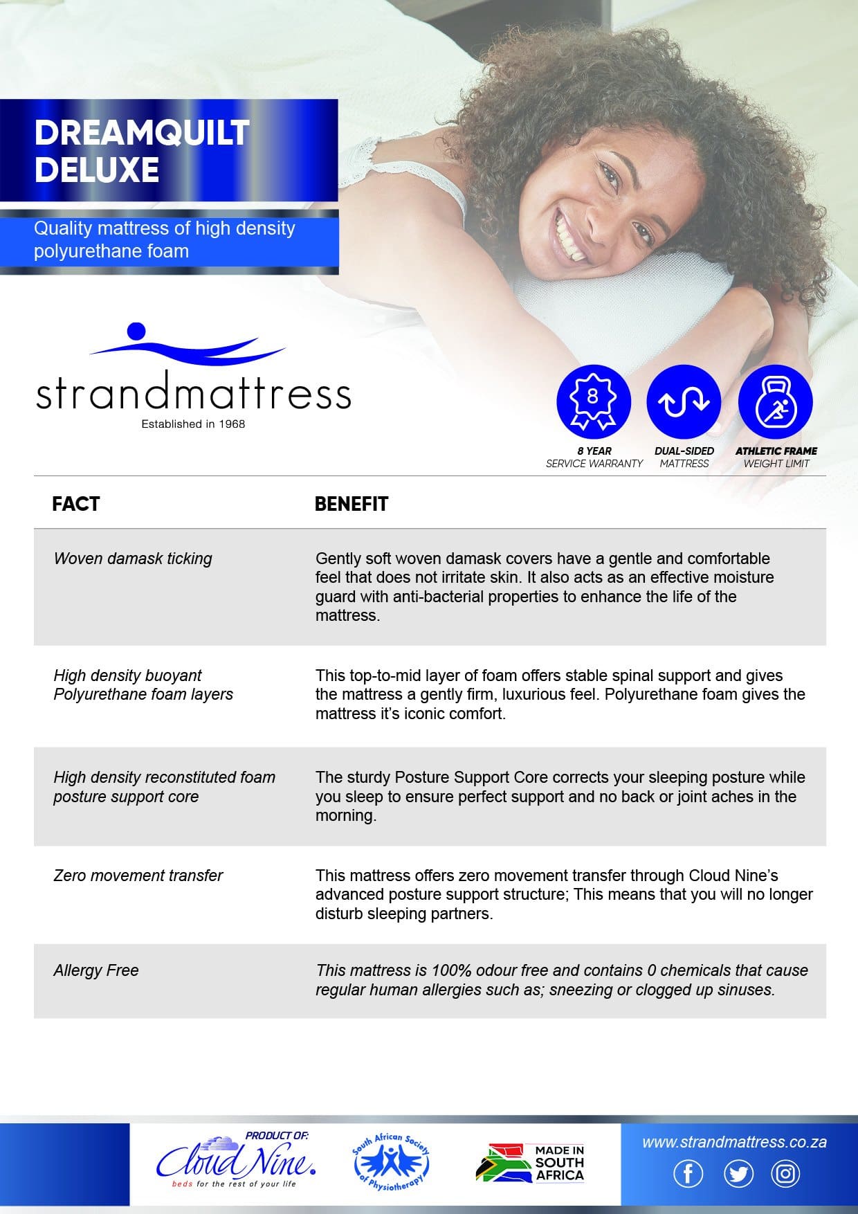Strandmattress Dreamquilt De Luxe facts and benefits sheet
