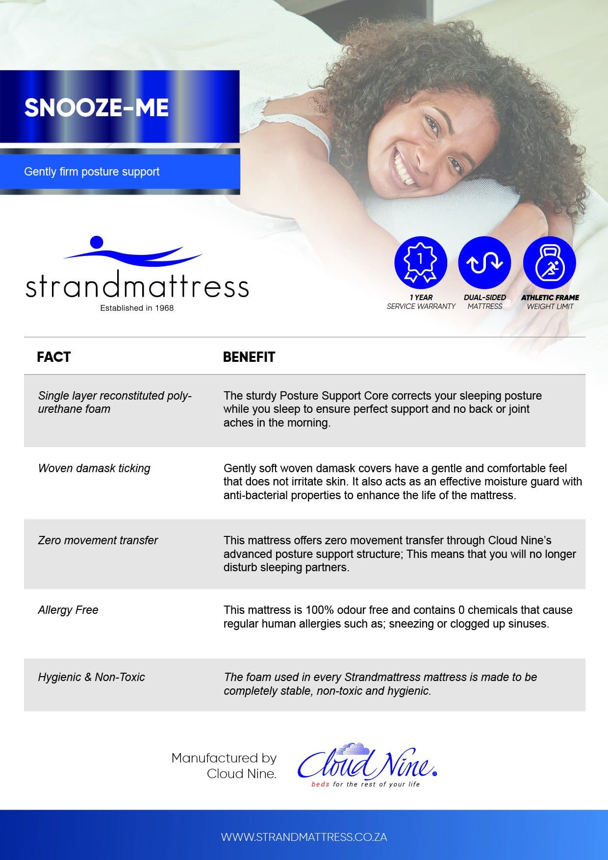 Strandmattress Snooze-Me facts and benefits sheet